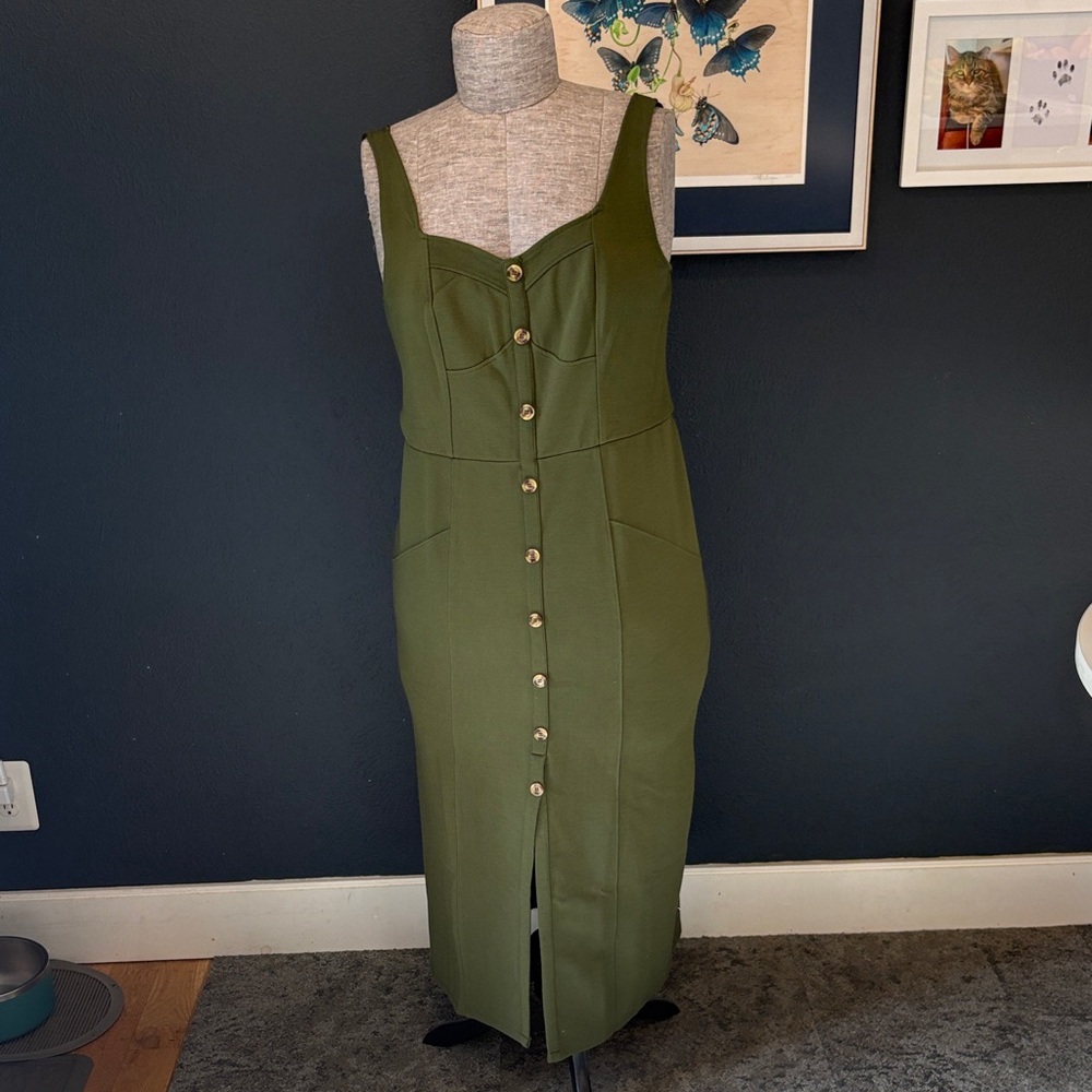 Olive Moss Anthropologie Maeve Green Button-Front Stretch Midi Dress Size 16W